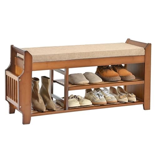 PETKABOO Shoe Bench with Hidden Drawer and Side Holder, 2 Tier Entryway Bench with Storage 39.4 in, Bamboo Shoe Rack with Cushion for Entryway Hallway Living Room Bedroom 10