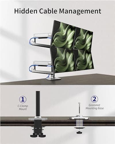 Heavy Duty Quad Monitor Mount Desk Stand, Mechanical Spring 4 Monitor Arm Fits Four 13-40 Inch Screens up to 25 lbs Each, Fully Motion VESA Mount Base (C-Clamp/Grommet), Premium Aluminum, Silver 6