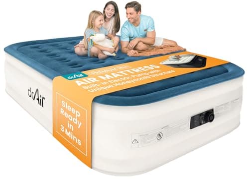 Dr. air Queen Air Mattress, 18” Raised Inflatable Bed with Built-in Pump, Waterproof Velvety Top, Ergonomic Design, Reinforced Support, and Carry Bag for Home, Camping, and Guests