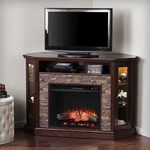 SEI Furniture Redden Faux Stone Corner Convertible Electric Fireplace with Media Storage, New Espresso 9