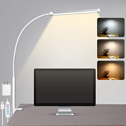 Voncerus LED Desk Lamp with Clamp, Eye-Caring Clip on Lights for Home Office, 3 Modes 10 Brightness, Long Flexible Goose-Neck, Metal, Swing Arm Architect Task Table Lamps with USB Adapter, White