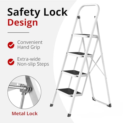 HBTower Step Ladder Folding Step Stool for Adults with Anti-Slip Pedal,330 lbs Capacity for Kitchen, Home,White 2