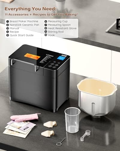 KBS Premium 2LB Convection Bread Maker Dual Heaters, 710W Stainless Steel 17-in-1 Bread Machine Healthy Ceramic Pan, Nut Dispenser,Touch Panel, 3 Loaf Sizes 3 Crust Colors, 15H Timer,Low Noise,Recipes 8