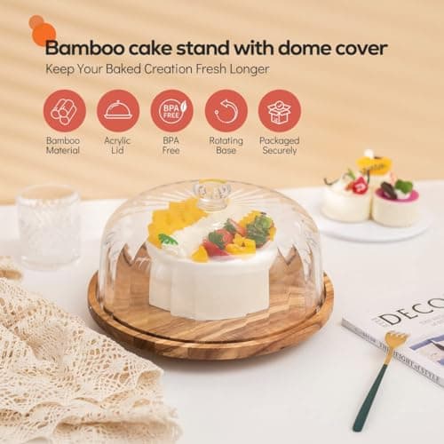 cutesun Cake Stand with Lid, Rotating Cake Stand with Lid & Dome, 11.8'' Acacia Wood Shatterproof 10.4'' Acrylic Cake Display Stand for Wedding, Birthday, Parties 7