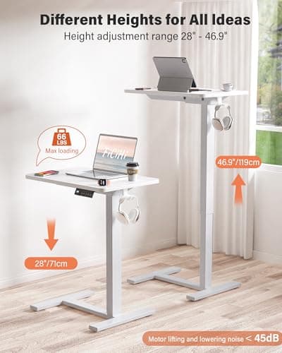 FiCiHi Small Electric Standing Desk - Adjustable Height Bedside Laptop Table with Wheels, Mobile, Portable Rolling Computer Workstation Sit Stand Table for Home Office, Sofa, Couch Use (24x16, White) 6
