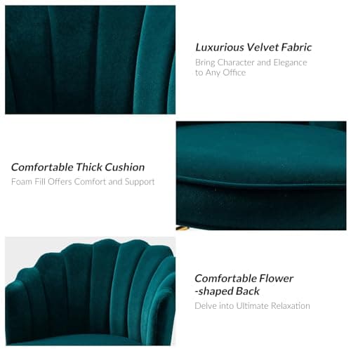 HULALA HOME Velvet Home Office Chair with Gold Base, Womans Modern Cute Shell Back Upholstered Desk Chair for Vanity, Adjustable Swivel Task Chair for Living Room, Teal 6
