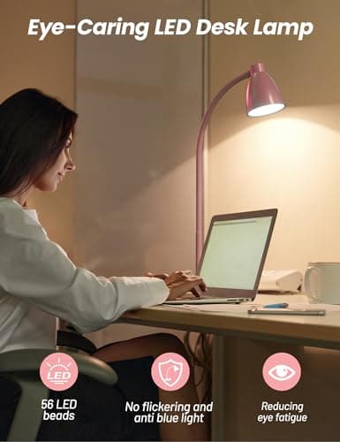 BOHON Cute Desk Lamp with USB Charging Port, Pink Lamp 3 Color Modes Dimmable LED Reading Lamp, Flexible Neck Auto Dimming Table Task Light for Home Office Dorm Bedside, Pink 6