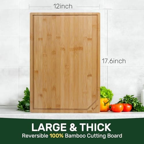 Bamboo Cutting Boards for Kitchen, Extra Large Wood Cutting Board with Deep Juice Groove and Handle Heavy Duty Chopping board, Kikcoin, 17.6" x 12" 6