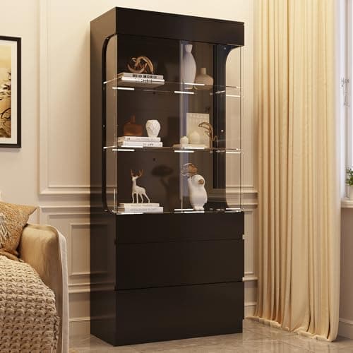 MEISSALIVVE Display Cabinet with Glass Doors, 3-Tier Display Case with 2 Drawers, 70.87''H Curio Cabinet with 7 Color Led Lights for Collectibles, High Gloss, Black 6