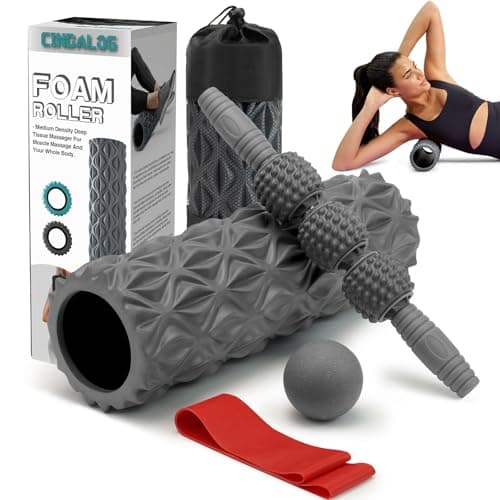 5 in 1 Foam Roller Set - Trigger Point Foam Back Roller, Muscle Roller Stick, Massage Ball, Stretching Band for Deep Muscle Massage Pilates Yoga,Fitness Exercise for Whole Body Release