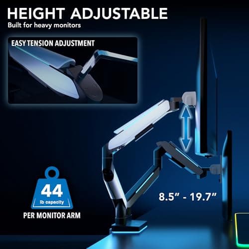 Mount-It! Heavy Duty Dual Monitor Arm up to 35 in. 44 lbs Screens, RGB Lights, 75x75 100x100 VESA Desk Mount for 2 Widescreen Curved Monitors 27 32 34 35 inches, Gas Spring, Clamp, Grommet, RGB Lights 6