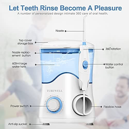 TUREWELL FC162 Water Dental Flosser for Teeth/Braces,10 Pressure Levels, 8 Water Jet Tips for Family, 600ML Electric Water Dental Oral Irrigator for Teeth Clean (White) 7