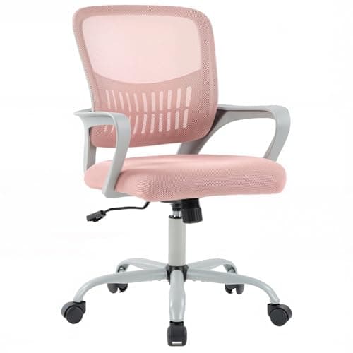 DUMOS Home Office Computer Chair - Ergonomic Mid Back Desk with Lumbar Support and Rocking Mode, Height Adjustable with Fixed Armrest, for Conference Meeting Room, 360° Swivel, Adults, Pink
