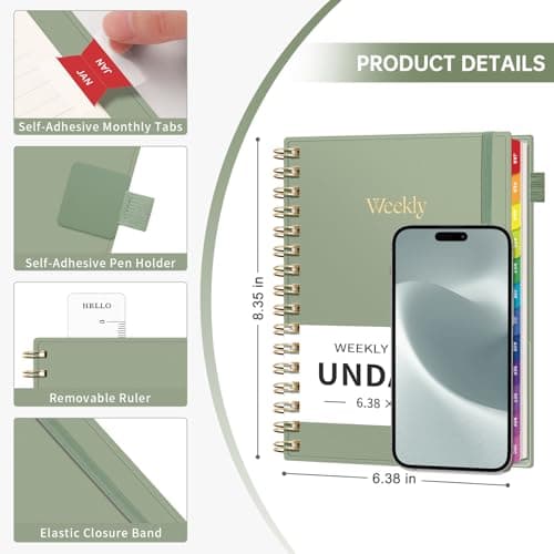 EMSHOI Undated Planner, Weekly and Monthly Calendar, 53 Weeks and 12 Months, A5 (6.38" x 8.35"), 100GSM Thick Paper, PVC Cover, Monthly Tabs, Note Pages, Start Anytime 5