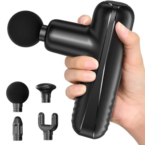 PENJOY Mini Massage Gun, Powerful Handheld Muscle Massager for Muscle Relaxation, Deep Tissue Percussion Small Massage Gun Travel Massager with 4 Massage Heads Silent Brushless Motor, Black