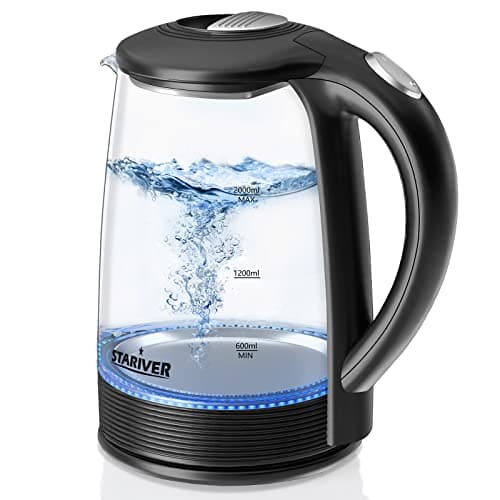 Stariver Electric Kettle, BPA-Free Glass Tea Kettle with LED, 2L Hot Water Kettle with Fast Boil, Auto Shut-Off & Boil-Dry Protection, Stainless Steel Inner Lid & Bottom, Black
