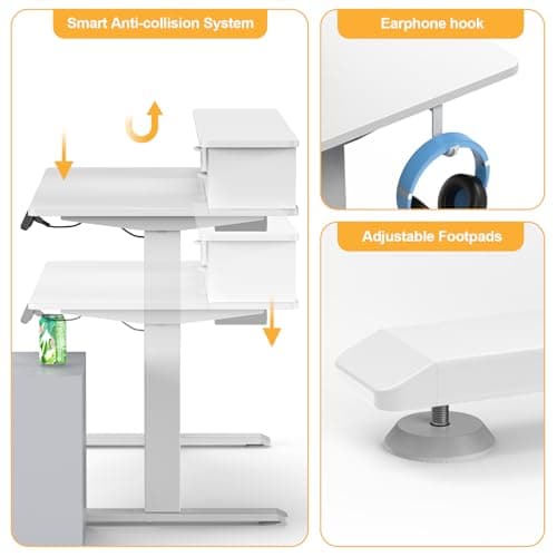 Mr IRONSTONE White Standing Desk 47" Height Adjustable Electric Standing Desk with 3 AC Outlets & 2 USB Ports Sit Stand Desk with 2 Drawers & Large Monitor Stand Stand up Desk for Home Office 7
