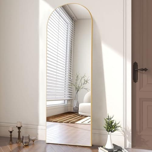 OLIXIS Arched Full Length Mirror 64.1"x 21.5" for Bedroom, Full Body Mirror with Stand, Hanging or Leaning for Wall, Aluminum Alloy Thin Frame Floor Standing for Living Room, Long, Gold