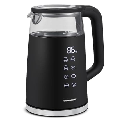 Elite Gourmet 1.7L Dual Wall Cool Touch Electric Tea Kettle, Borosilicate Glass, 304 Stainless Steel Interior, Programmed Digital Touchscreen, Keep Warm, Auto Off & Audible Indicator, Black
