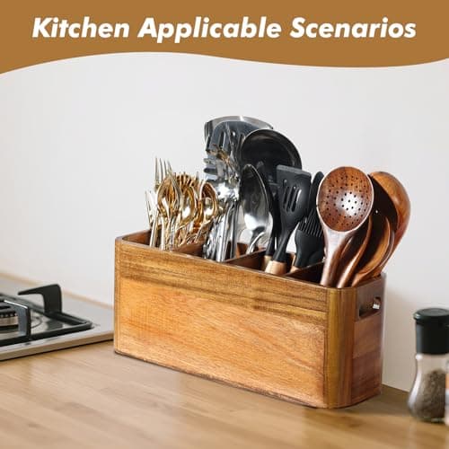 Kitchen Utensil Holder for Counter or Countertop, Extra Large Acacia Wood Organizer with 4 Compartments, Wooden Storage for Cooking and Silverware, Rustic Minimalist Decor, Sturdy Utensil Crock 5