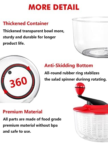 Salad Spinner Large 5L Capacity, Easy to Clean Lettuce Spinner with Bowl, Vegetable Washer Dryer Dishwasher Safe Ideal for Vegetables and Fruits without BPA, Large 4.5 Quart 5