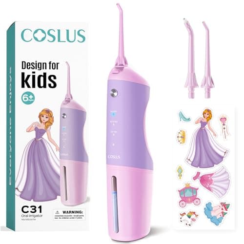 COSLUS C31 Kids Water Dental Flosser Deep Cleaning Picks Portable 4 Modes for Ages 6+ Safe Waterproof Rechargeable with 2 Jet Tips for Gums Care Pink Purple