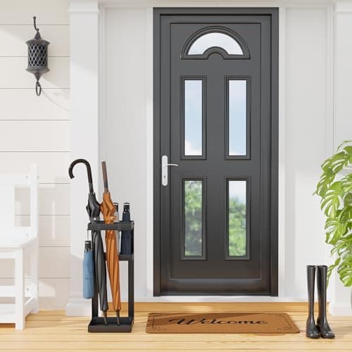 Kawaiita Umbrella Stand, Steel Umbrella Holder Rack with Small Shelf, for Entryway, Office, 4 Hooks, Black 7