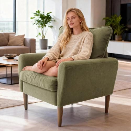 OLIXIS Comfy Accent Chair for Living Room Bedroom and Waiting Room, Upholstered Mid-Century Reading Chair with Pillow and Solid Wood Legs, Wide Singe Modern Lounge Sofa (Green) 7
