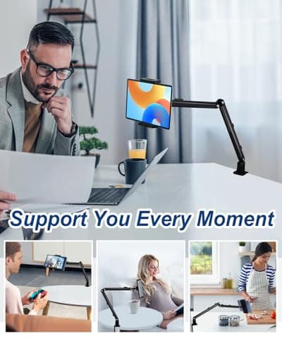 YCNEW Tablet Desk Mount for ipad, Desk Clamp Aluminum Alloy Arm Tablet Stand Holder Suitable for 4.7-15.6" and Under 3 Pound iPhone, ipad mini/Air/Pro, Kindle, Portable Monitor, Nintendo Switch(Black) 5