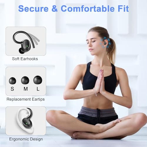 Wireless Earbud, 48Hrs Bluetooth 5.3 Headphones Over Ear IP7 Waterproof, Sports Wireless Earphones in Ear with Dual LED Display, Stereo Bass Over Ear bud with Earhooks for Workout/Running/Gym, Black 5