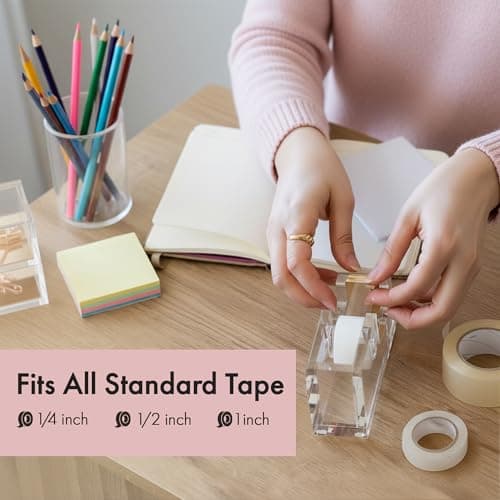 OfficeGoods Acrylic Tape Dispenser – Modern Desk Organizer for Office Supplies – Heavy Duty Refillable Tape Holder for Home and School Crafting – Stylish Desktop Accessory for Gift Wrapping, Gold 6