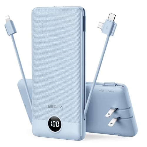VEGER Portable Charger with Built-in AC Plug and Cables, All in One 10000mAh Ultra Slim Power Bank Travel Essentials, Fast Charging Battery Pack Compatible with iPhone, Samsung, Android (Blue)