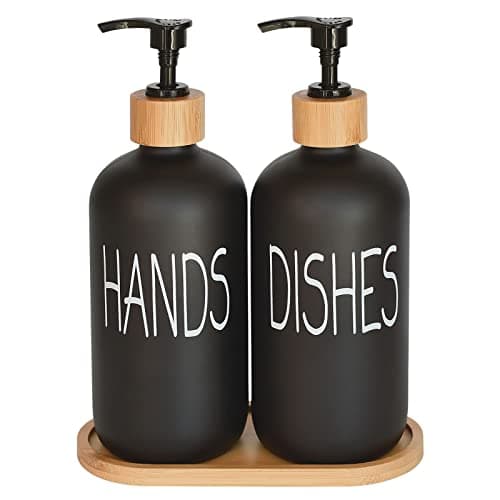 Glass Soap Dispenser Set. Hand and Dish with Bamboo Tray. Vintage Pump for Kitchen Drain Outlet Bathroom. Stylish Permanent Labels (Matte Black)