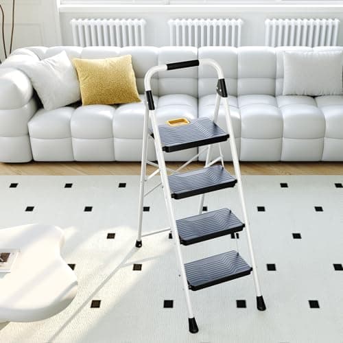 KINGRACK 4 Step Folding Ladder, 800lbs Capacity Step Stool with Safety Lock, Non-Skid Wide Pedals, and Handrail, Lightweight, Household Ladder for Home, Kitchen, Pantry, Closets, and Office Use, White 9