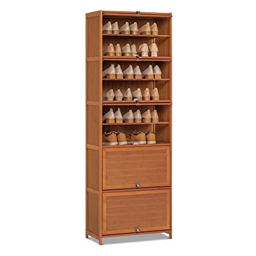 MoNiBloom Tall Bamboo Shoe Storage Cabinet with Doors, 10 Tier Freestanding Shoes Heels Sneakers Shelf Rack for 26-30 Pairs for Entryway Office Living Room, Brown