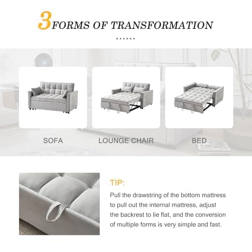 FENFSHE 3-in-1 Loveseat Sleeper Sofa, Modern 55.5" Pull Out Couch, Velvet Upholstered Futon Sofa Bed with Adjustable Backrest, Convertible Sofa Bed with Storage Pockets for Living Room(Light Grey) 6