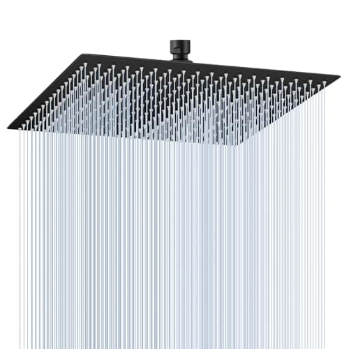 KINLIV 16 inch Matte Black Large Rain Shower Head - All Metal 304 Stainless Steel, Full Body Rainfall Shower with 324 Silicone Nozzles - Waterfall Bathroom Square Showerheads, Ceiling Mounted