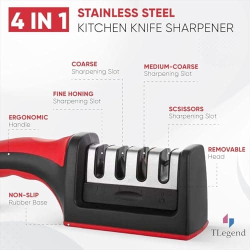 Knife Sharpeners for Kitchen Knives– Stainless Steel 4 in1 Kitchen Knife Sharpener – Ergonomic and Easy to Use Knife Sharpening Kit with 4 Stage Sharpening Slots 8