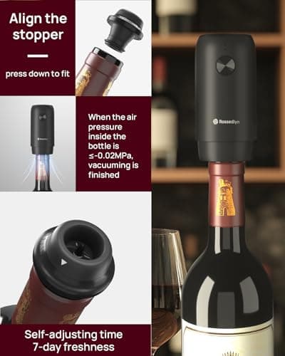 Rossedlyn Rechargeable Electric Wine Opener Gift Set - Aerator, Bottle Opener, Foil Cutter, Wine Vacuum Pump and Stoppers for Home Bar Outdoor Party 5