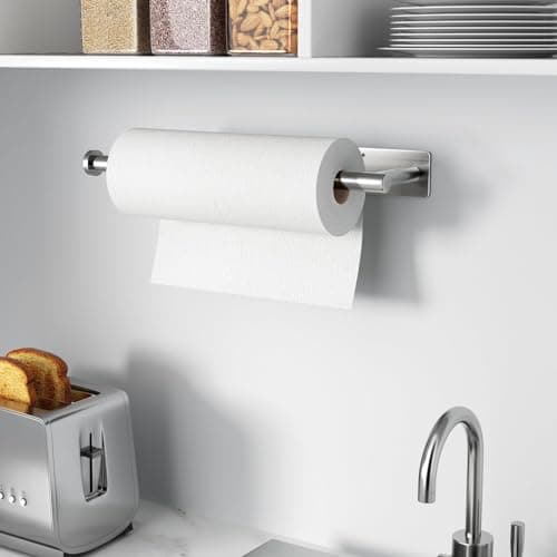 Paper Towel Holder - Self-Adhesive or Drilling, Brushed Nickel, Wall Mounted, SUS304 Stainless Steel Kitchen Roll Dispenser Under Cabinet 7