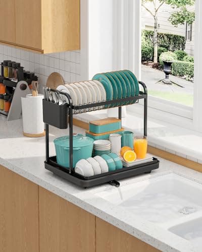 Sakugi 2-Tier Dish Drying Rack - Stainless Steel Dish Rack with Cutlery & Utensil Holders for Kitchen Counter, Sink Organization and Storage for Small Family, 15" W x 11.4" L x 15" H, Black 7