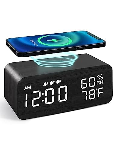 JALL Wooden Digital Alarm Clock with Wireless Charging, 3 Alarms LED Display, Sound Control and Snooze Dual for Bedroom, Bedside, Office (Black)