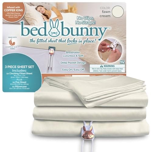 Bed Bunny Locking Fitted Bed Sheet Stays On & Won’t Slip, Built-in Compression Cord Hugs Mattresses Tight, AS SEEN ON TV, Won’t Slip Off, Anti-Wrinkle & Stain-Resistant CopperSoft Infused with Copper