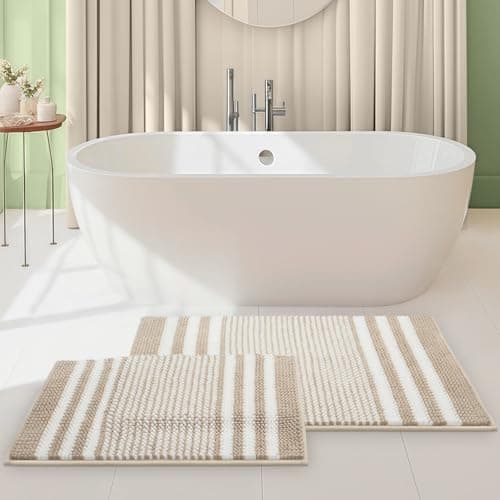 Tindbea Bathroom Rugs Set 2 Piece, Extra Soft and Absorbent Fluffy Striped Chenille Bath Mat Rug Set, Non Slip Bathroom Floor Mat, Machine Washable (20" x 32" Plus 16" x 24", Khaki)