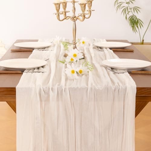 Socomi Ivory White Cheesecloth Table Runner Easter Spring Boho Rustic Gauze 120 inch 10FT Cheese Cloth Runner for Wedding Party Baby Shower Birthday Home Decor Holiday Decorations 5