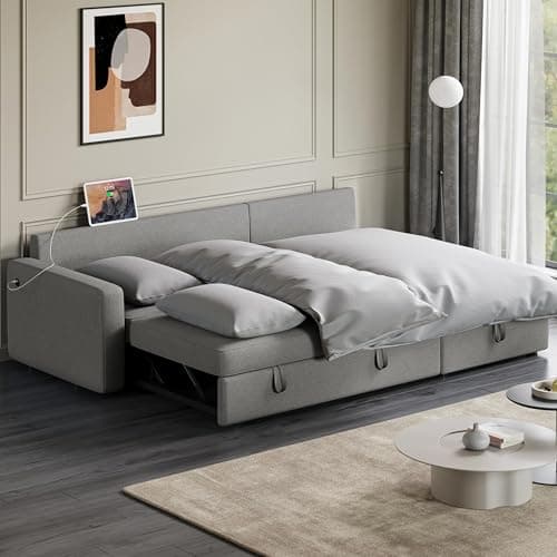 Yaheetech Sectional Sofa L-Shaped Sofa Couch Bed w/Chaise & USB, Reversible Couch Sleeper w/Pull Out Bed & Storage Space Living Room Light Gray 5