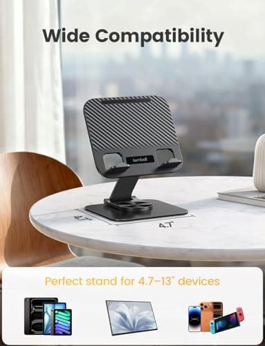 Lamicall Adjustable iPad Stand for Desk - [Ultra-Slim Foldable][360°Rotation] Tablet Stand with Heavy-Duty Base, Tablet Holder Gifts for 4.7-13" Devices, 2025 iPad Pro Air Mini, Kindle, iPhone 17 Pro 6