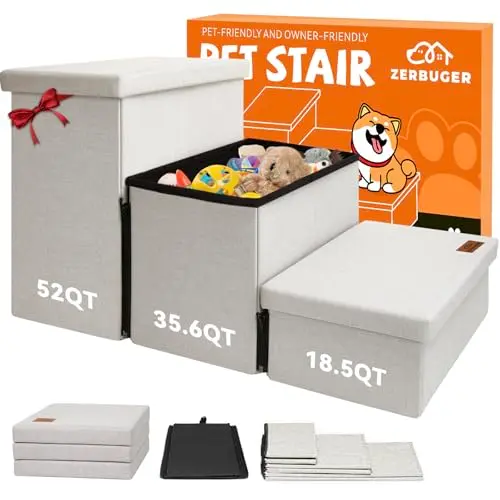 Zerbuger Dog Stairs with Storage 18" H, 3-Step Wider Dog Steps for Small/Medium/Large Old Dogs Cats, Folding Sturdy Pet Stairs Climbing Bed or Couch, Ramp for Car Up to 200 lbs (Beige, No Condo)