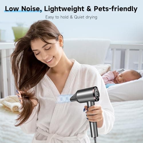 AEMOLL Hair Dryer, 150000RPM Professional High-Speed Negative Ionic Care Blow Dryer, Heat-Control, Fast Drying, Low Noise with Magnetic Diffuser and Nozzle, 4 Temps & 3 Speeds, HD Display Gray 5