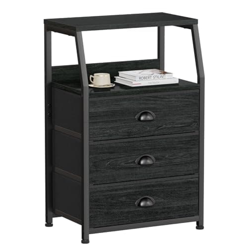 Furnulem Black Night Stand, Small Dresser for Bedroom, Nightstand with 3 Fabric Storage Drawers and 2-Tier Shelf, End Table Side Furniture for Closet, Hallway, Nursery, Sturdy Steel Frame, Wood Top